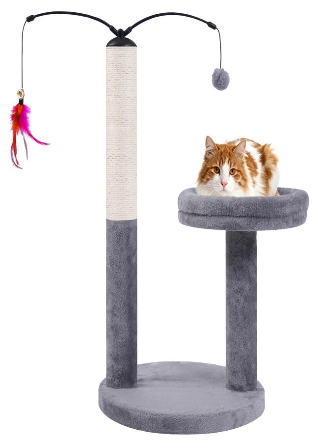 AIWIKIDE 24" Scratching Post, Interactive Cat Scratcher, with Perch & Plush Toy, Sturdy Weighted Base, Grey - Image 1