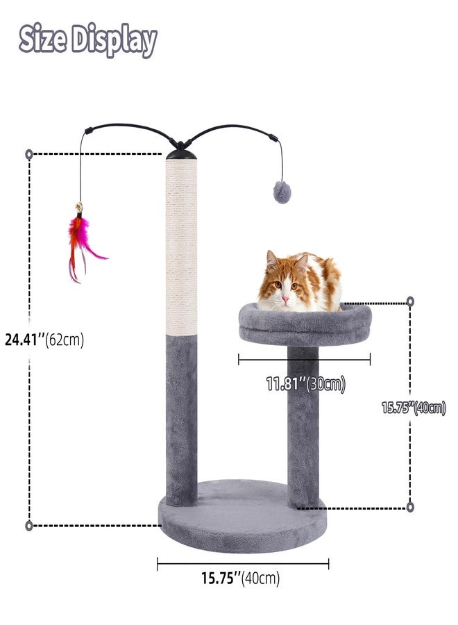 AIWIKIDE 24" Scratching Post, Interactive Cat Scratcher, with Perch & Plush Toy, Sturdy Weighted Base, Grey - Image 2