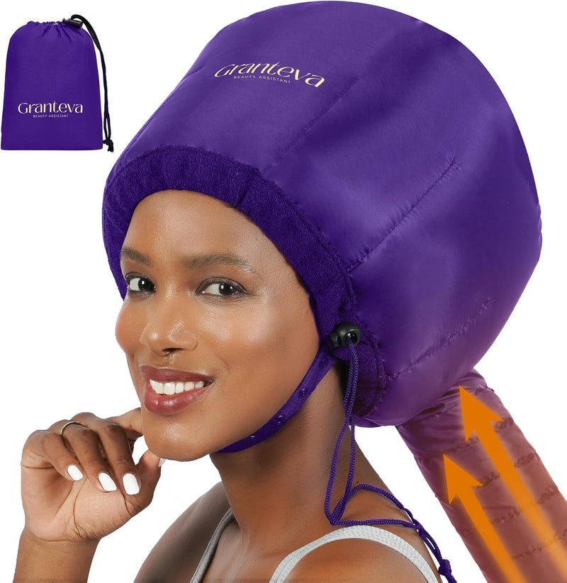 Granteva Bonnet Hair Dryer Attachment w/A Headband Integrated That Reduces Heat Around Ears & Neck - Diffuser Cap for Hair Dryer Curly Hair, Speeds Up Drying Time, Deep Conditioning at Home - Large (Purple) - Image 1