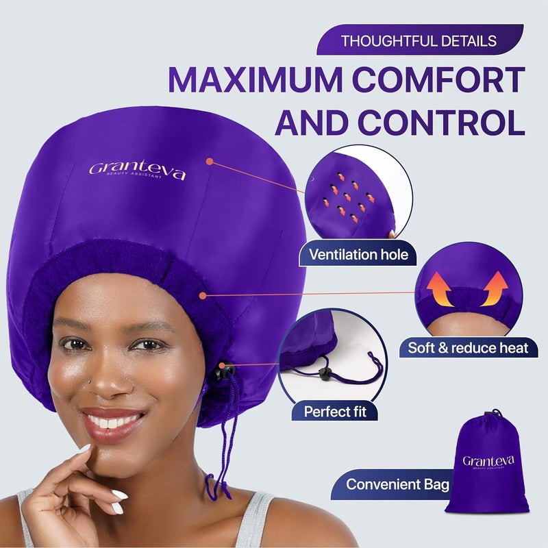 Granteva Bonnet Hair Dryer Attachment w/A Headband Integrated That Reduces Heat Around Ears & Neck - Diffuser Cap for Hair Dryer Curly Hair, Speeds Up Drying Time, Deep Conditioning at Home - Large (Purple) - Image 2