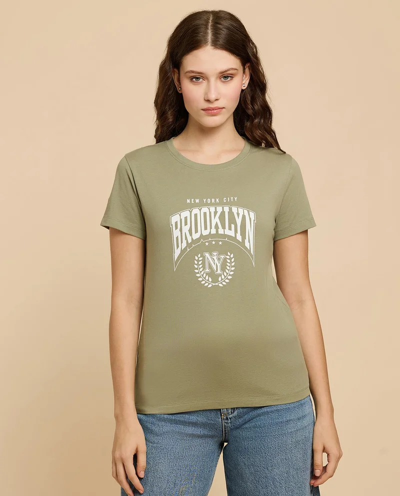 أر أند بي Typography Print T-Shirt with Crew Neck and Short Sleeves