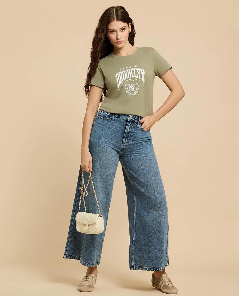 أر أند بي Typography Print T-Shirt with Crew Neck and Short Sleeves