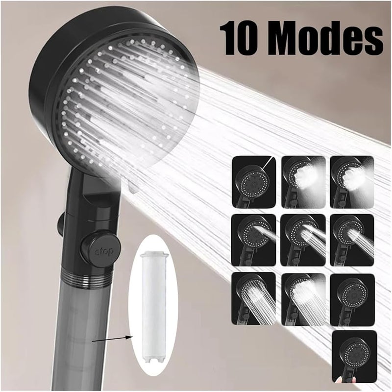 High Pressure Handheld Shower Head 10 Spray Modes Water Saving Black Shower Head - Image 1