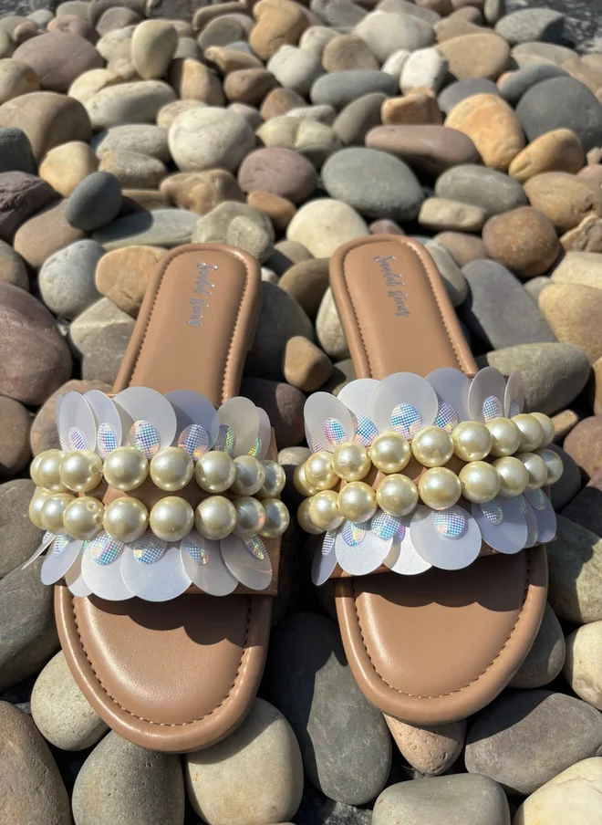 Sandal Stories SANDAL STORIES Women Embellished Beaded Open Toe Flats in Beige