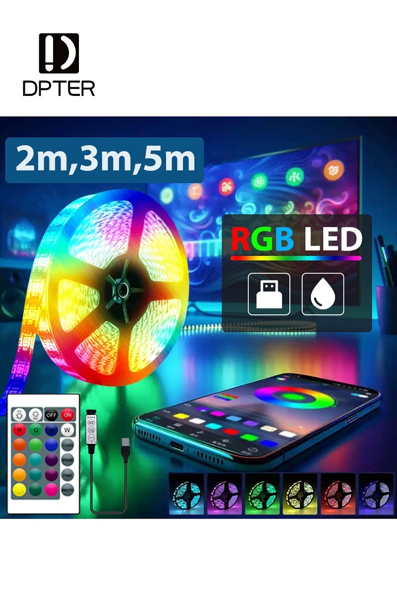 ديبتر شريط إضاءة LED 2M USB، شريط إضاءة ذكي مقاوم للماء يعمل بتقنية البلوتوث RGB مع جهاز تحكم عن بعد، إعدادات مؤقت، وضع الموسيقى، للديكور، غرفة النوم، الكمبيوتر الشخصي، الخزانة، متعدد الألوان، إضاءة زينة رمضان - Image 1