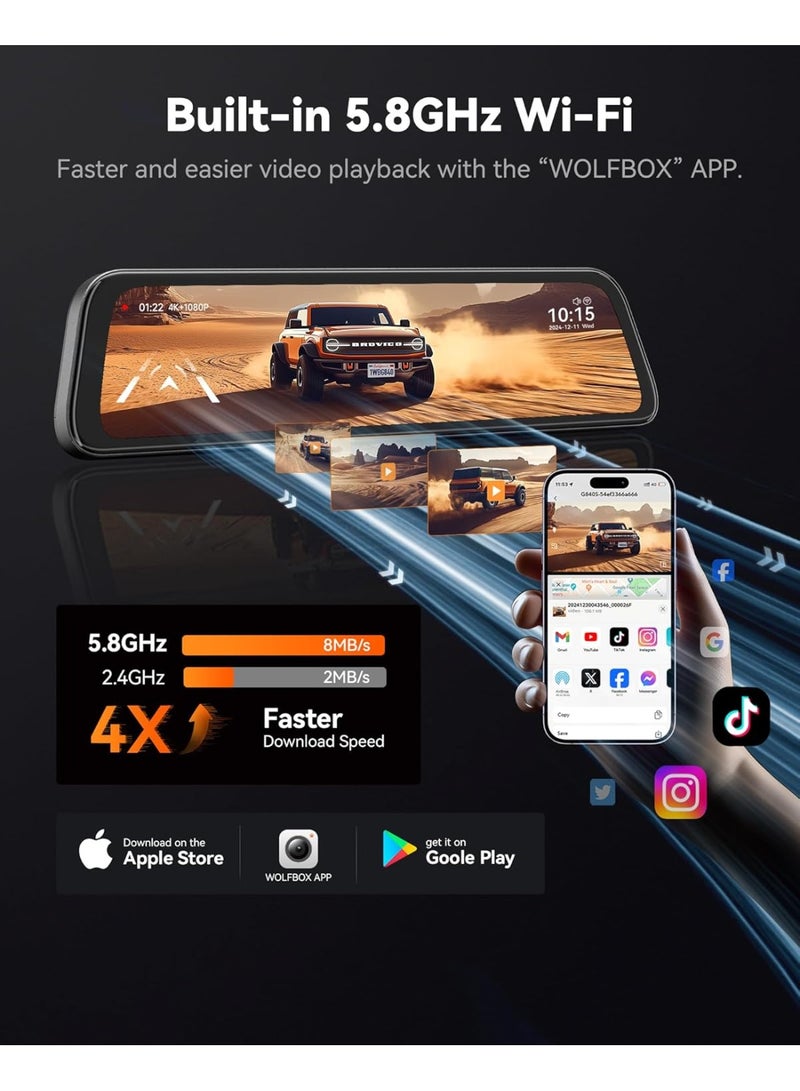 وولف بوكس كاميرا احتياطية للوحة القيادة من وولف بوكس ​​G840S، 12 بوصة، بدقة 4K، ومرآة رؤية خلفية ذكية بتردد 5.8 جيجاهرتز، مزودة بخاصية واي فاي للسيارات والشاحنات، وكاميرات مزدوجة للرؤية الأمامية والخلفية، ورؤية ليلية، ومساعدة في ركن السيارة، وبطاقة ذاكرة 32 جيجابايت، ونظام تحديد المواقع العالمي (GPS). - Image 2