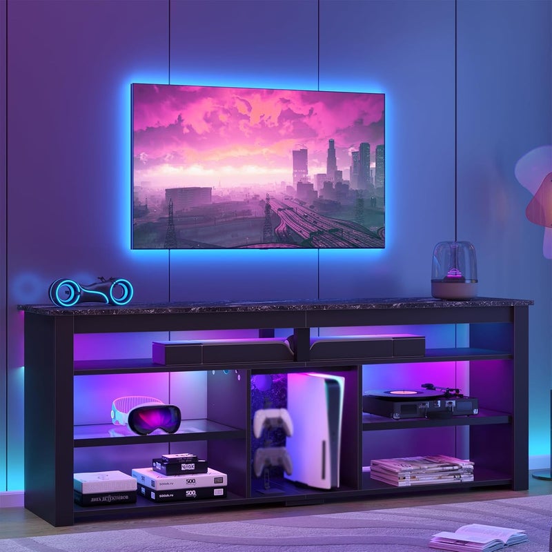 Bestier TV Stand for 70 inch TV Tall Entertainment Center with 2 Led Lights Gaming TV Console with Storage for PS5 Modern TV Cabinet for Bedroom Living Room Black Marble