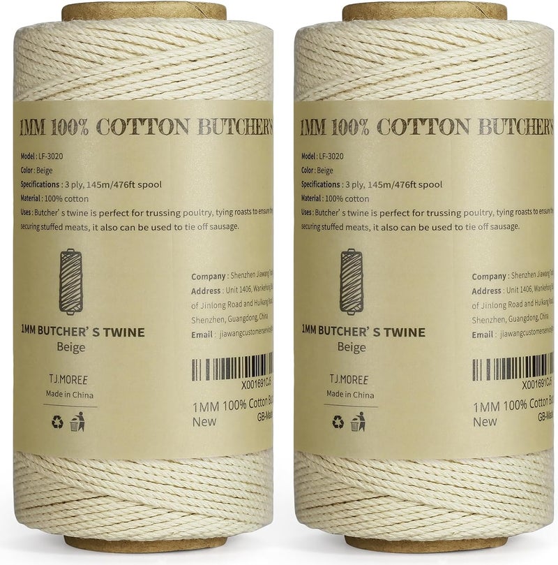 TJMOREE 2 Pack Butchers Twine, 3Ply 145m/476ft 1mm Thick Food Safe Cotton Cooking Meat Rope String Baker’s Twine Fit to Parcel Sausage and Decorate Crafts (Beige) - Image 1