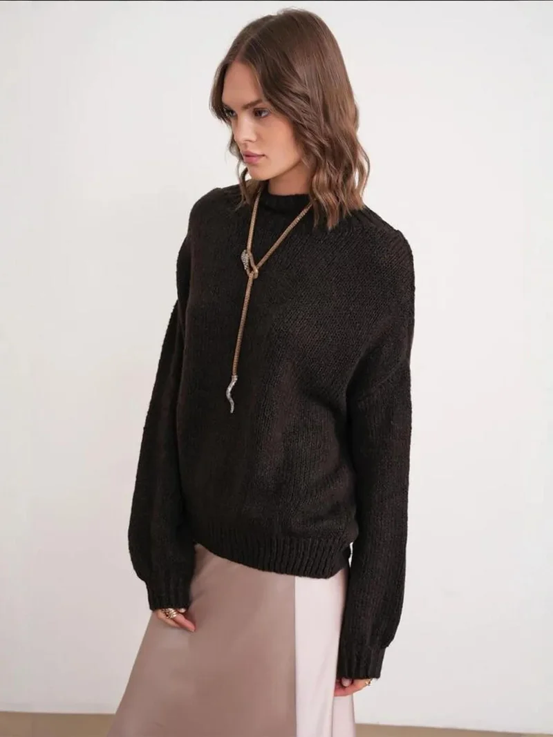MixRay Coffee Brown Mixray Relaxed Fit Crew Neck Thick Knit Sweater for Women | Best Price UAE