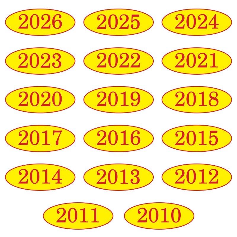 Vivitex Car Windshield Year Stickers (2010-2026) - 17 Pack(1 per Year), Red & Yellow Large Oval Vinyl - Waterproof, Easy to Remove, Residue-Free - Ideal for Used Car Dealers & Auto Dealerships - Image 1