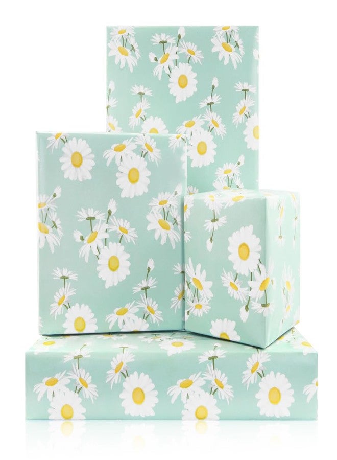 Geluode Daisy Floral Wrapping Paper, Groovy Boho Spring White Daisies Garden Floral Mint Green Gift Wrap Paper, 4 Sheets Folded Flat 20x28inches Per Sheet For Birthday Party Wedding DIY Crafts - Image 1