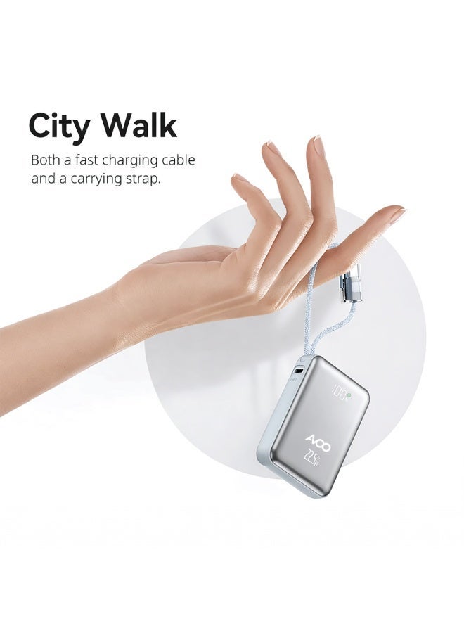 AVOO Power Bank Portable Charger, Compact & Lightweight 10000mAh, 22.5W PD Fast Charging with Dual Built-in Cables – Elegant Silver Portable Battery for iPhone, Samsung & Android Devices - Image 3