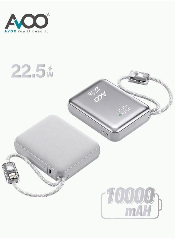 أفو باور بنك شحن متنقل صغير وخفيف 10000mAh شحن سريع 22.5W PD مع سلكين مدمجين – بطارية متنقلة بلون فضي  الأنيق للآيفون وسامسونج وأندرويد - Image 1