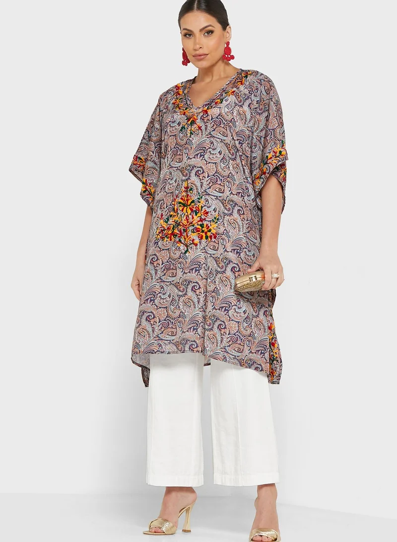 ARABIAN CLOSET Contrast Woven V-Neck Kaftan