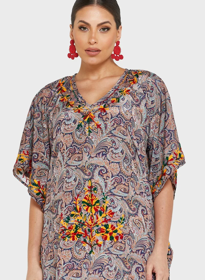 ARABIAN CLOSET Contrast Woven V-Neck Kaftan