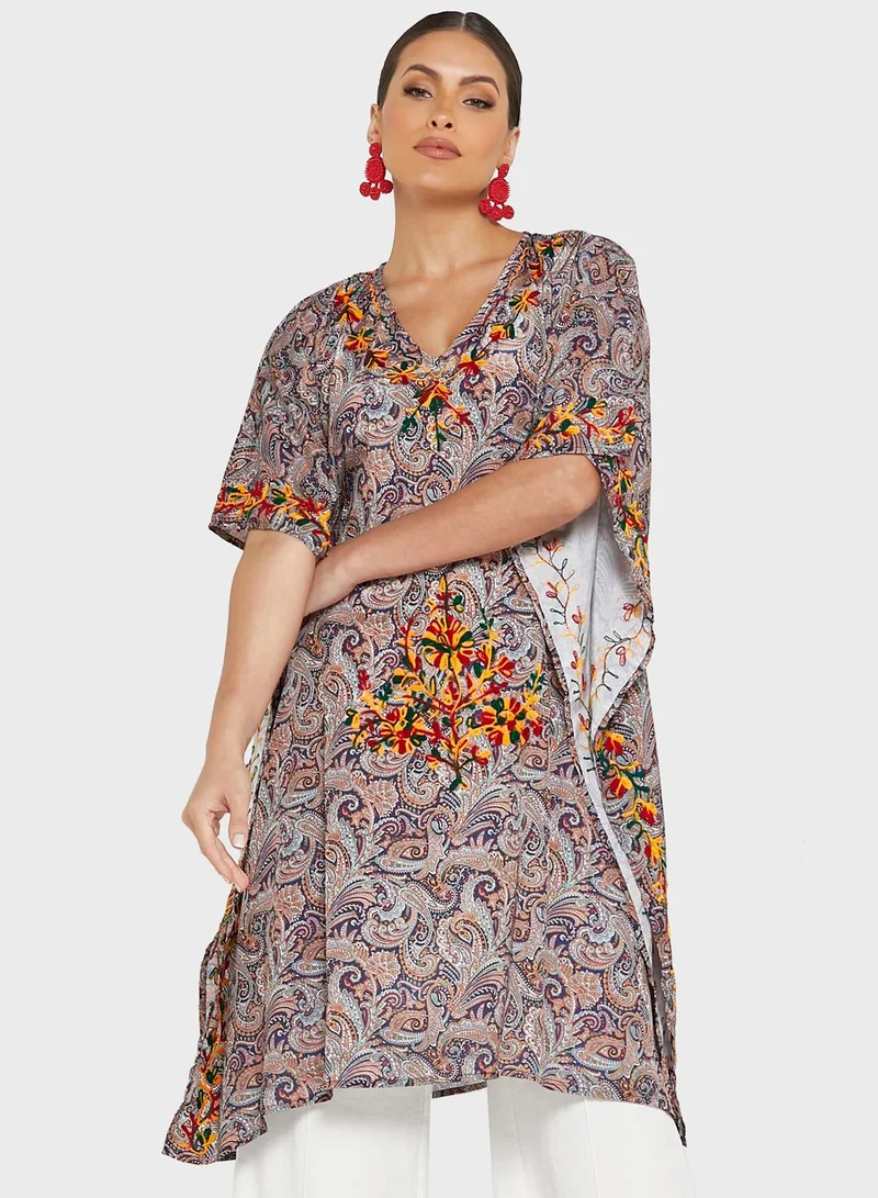 ARABIAN CLOSET Contrast Woven V-Neck Kaftan