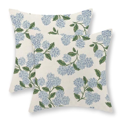 GOLIANDA Hydrangea Floral Pillow Covers 18x18 Set of 2 Spring Summer Blue Green Floral Pillow Cases Vintage Flower Decor Outdoor Throw Pillows Linen Seasonal Decorative Cushion Case for Couch Home - Image 1