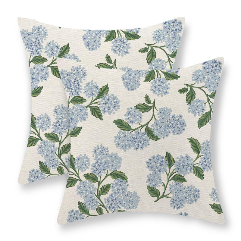 GOLIANDA Hydrangea Floral Pillow Covers 18x18 Set of 2 Spring Summer Blue Green Floral Pillow Cases Vintage Flower Decor Outdoor Throw Pillows Linen Seasonal Decorative Cushion Case for Couch Home - Image 2