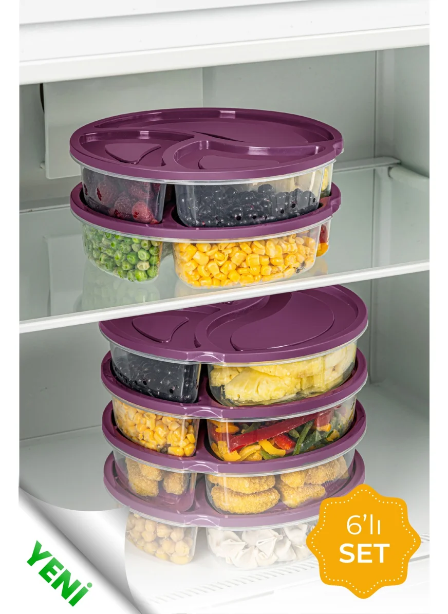 Vienev 6-Piece 3-Compartment Round Storage Container 1.2 Liter Purple