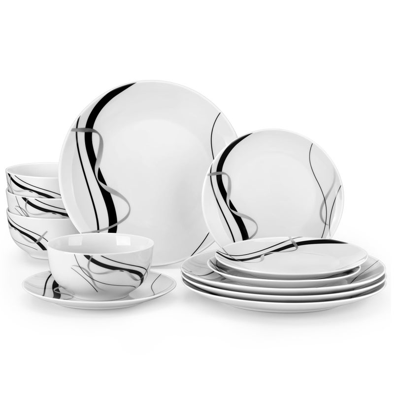 VEWEET Porcelain Dinnerware Sets for 4, 12 Pieces Plates and Bowls Set with Black and Grey Ribbon Lines, Dishes Set Dining Ware for Dinner, Microwave and Dishwasher Safe, Series FIONA - Image 1