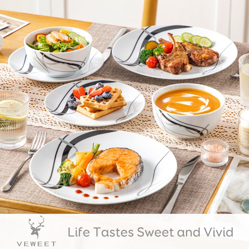 VEWEET Porcelain Dinnerware Sets for 4, 12 Pieces Plates and Bowls Set with Black and Grey Ribbon Lines, Dishes Set Dining Ware for Dinner, Microwave and Dishwasher Safe, Series FIONA - Image 3