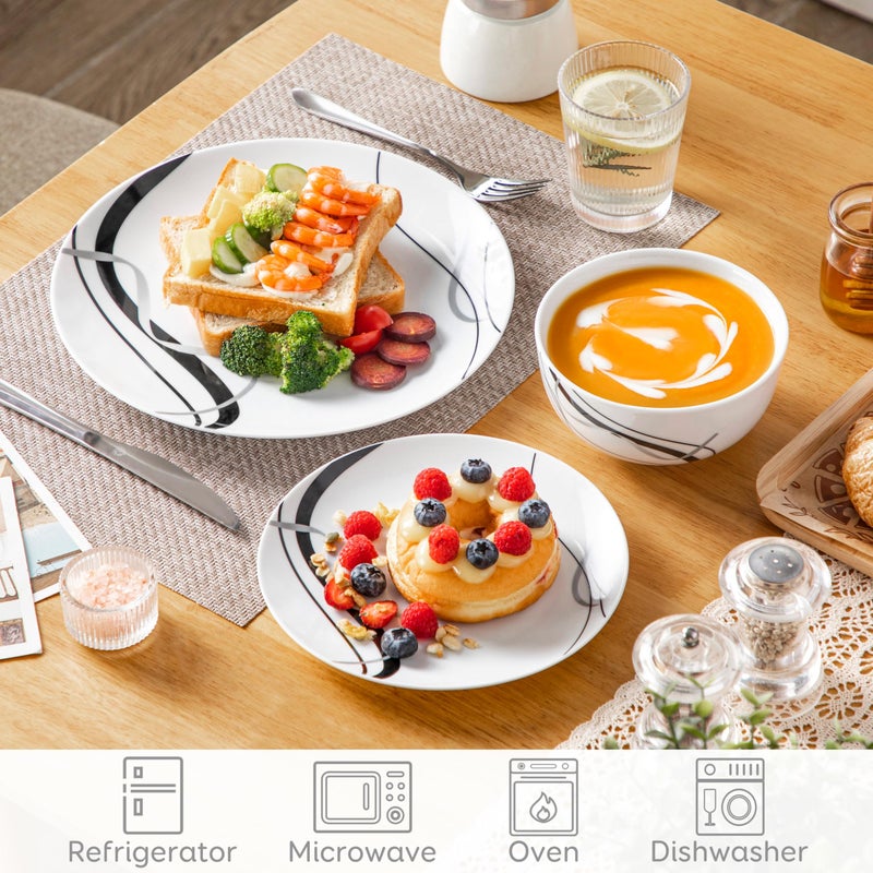 VEWEET Porcelain Dinnerware Sets for 4, 12 Pieces Plates and Bowls Set with Black and Grey Ribbon Lines, Dishes Set Dining Ware for Dinner, Microwave and Dishwasher Safe, Series FIONA - Image 5