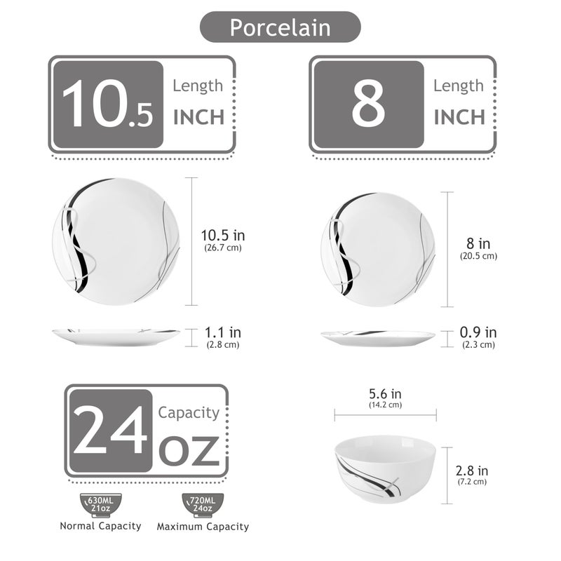 VEWEET Porcelain Dinnerware Sets for 4, 12 Pieces Plates and Bowls Set with Black and Grey Ribbon Lines, Dishes Set Dining Ware for Dinner, Microwave and Dishwasher Safe, Series FIONA - Image 2