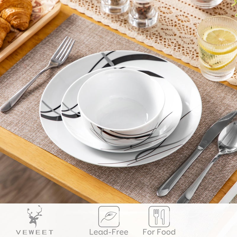 VEWEET Porcelain Dinnerware Sets for 4, 12 Pieces Plates and Bowls Set with Black and Grey Ribbon Lines, Dishes Set Dining Ware for Dinner, Microwave and Dishwasher Safe, Series FIONA - Image 4