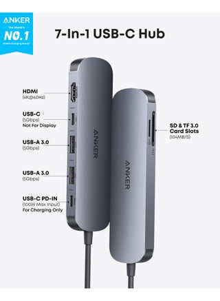 Anker USB C Hub, 7-in-1 Multi-Port USB Adapter for Laptops, 4K@60Hz USB C to HDMI Splitter, 100W Max Power Delivery, 3xUSBA & C 3.0 Data Ports, SD/TF Card, for Type C Devices (Charger Not Included) - view 2