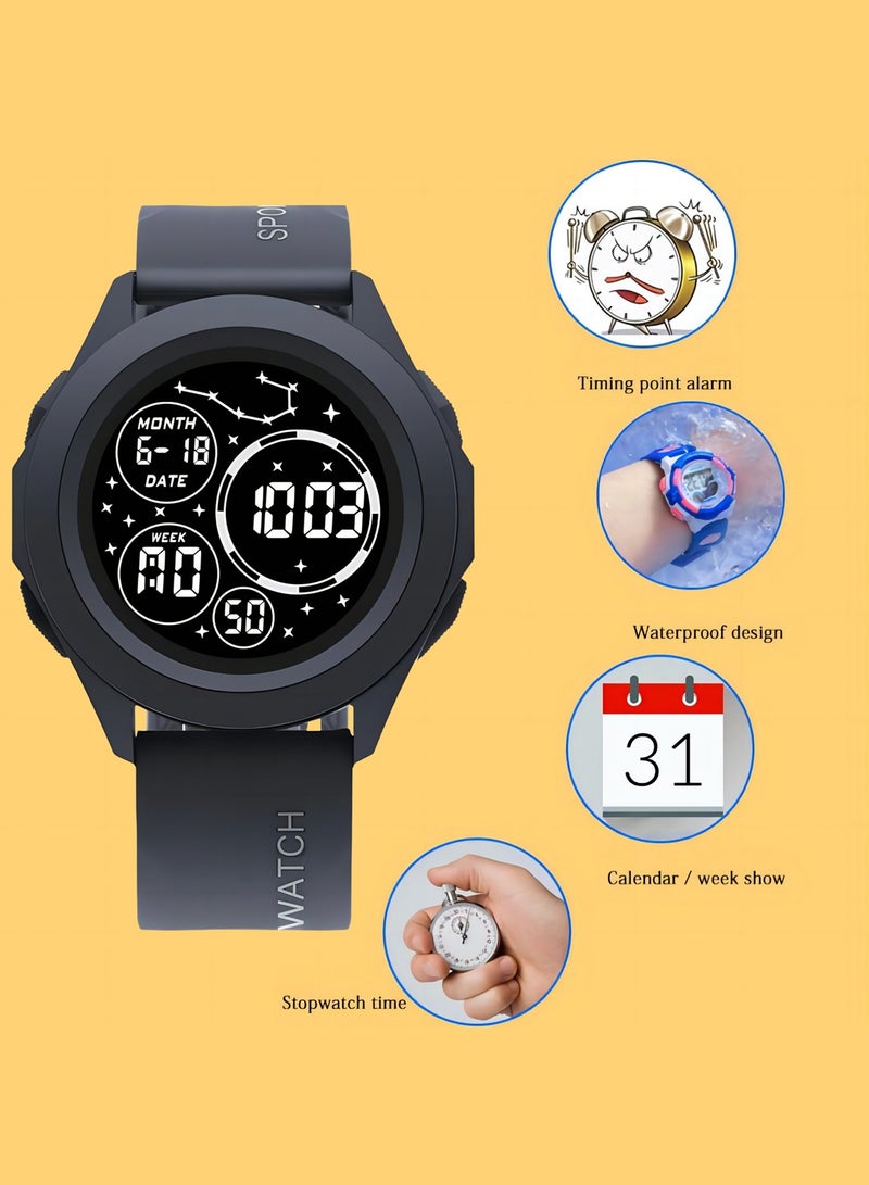 Kids Digital Sports Watch with Luminous Display Time Date Alarm Stopwatch Water Resistant Electronic Watch for Boys Girls Round LED Screen  - Image 2