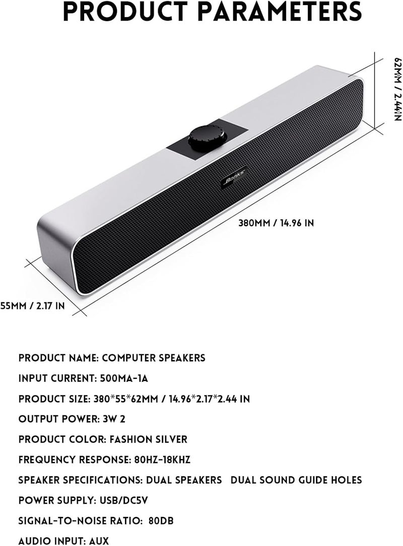 （Bluetooth）Computer Speakers with 3.5 mm Aux, Small PC Speakers Powered by USB, Wired Desktop Speaker, Soundbar for Monitor, Mini Stereo Speaker for PC, Tablets, Laptop, Plug and Play,N2 SILVER - Image 2