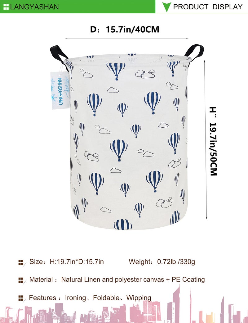 LANGYASHAN Laundry Basket Canvas Fabric Collapsible Organizer Basket for Storage Bin Toy Bins Gift Baskets Bedroom Clothes Children Nursery Hamper (Round Blue Balloon) - Image 2