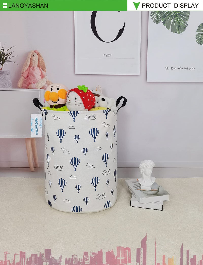 LANGYASHAN Laundry Basket Canvas Fabric Collapsible Organizer Basket for Storage Bin Toy Bins Gift Baskets Bedroom Clothes Children Nursery Hamper (Round Blue Balloon) - Image 3