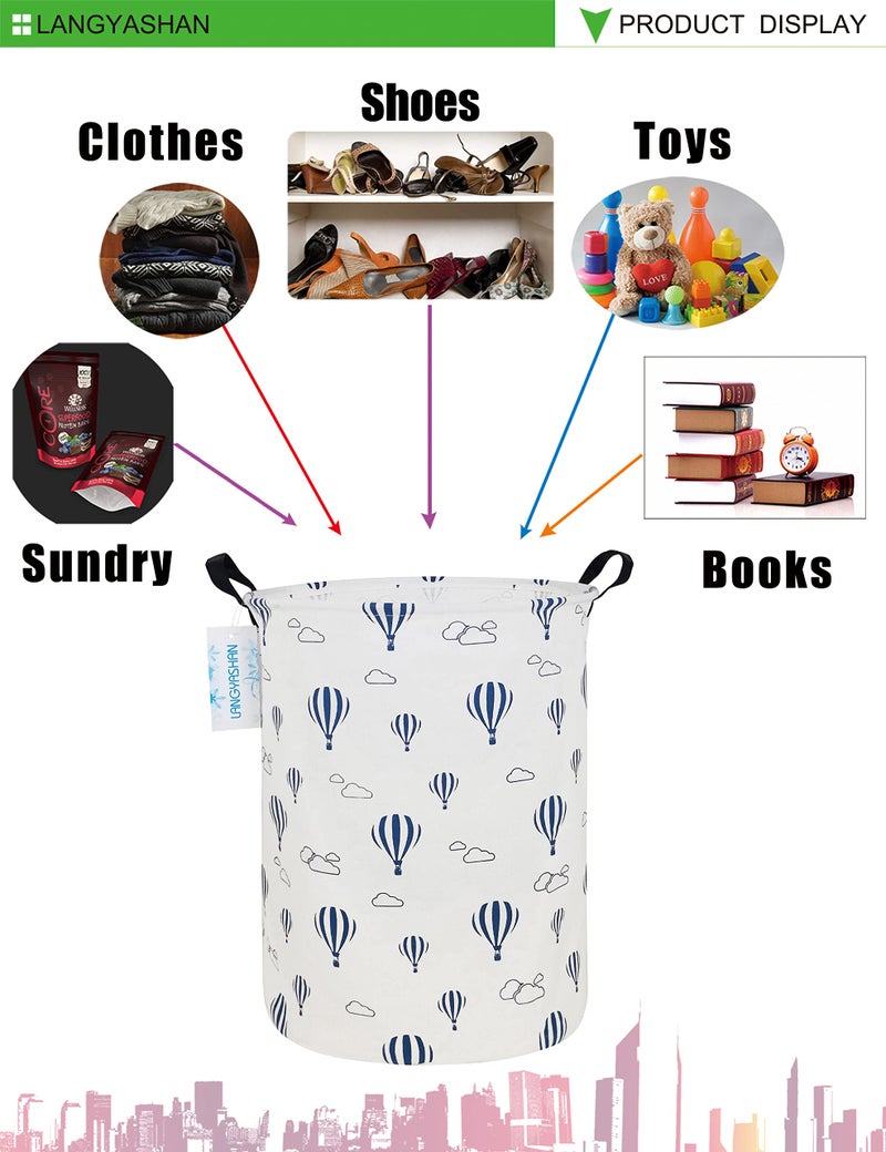 LANGYASHAN Laundry Basket Canvas Fabric Collapsible Organizer Basket for Storage Bin Toy Bins Gift Baskets Bedroom Clothes Children Nursery Hamper (Round Blue Balloon) - Image 4