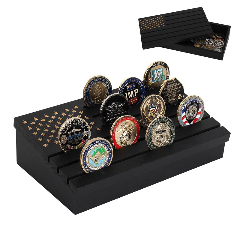 Samplife Challenge Coin Display Case Military Coins Rack Holder Army Coins Display Stand Shelves 6 Rows With Removable Lid American Flag Coins Storage Box - Image 1