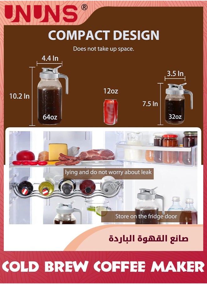 UNUNS Cold Brew Coffee Maker,64oz Heavy Duty Wide Mouth Glass bottle Pour Spout Lid With Stainless Steel Filter And Brush For Iced Coffee,Ice Lemonade,Fruit Drinks,Sun Tea  - Image 4