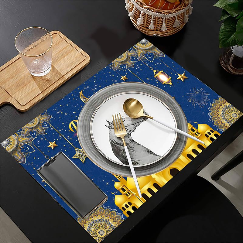 CPTBAG 1pcs Ramadan Kareem Table Runner with 4pcs Table Mats Ramadan Mubarak Table Decorations Eid Mubarak Holiday Calstel Star Moon Lantern Table Decorations for Home Dining Room Kitchen Decor - Image 2