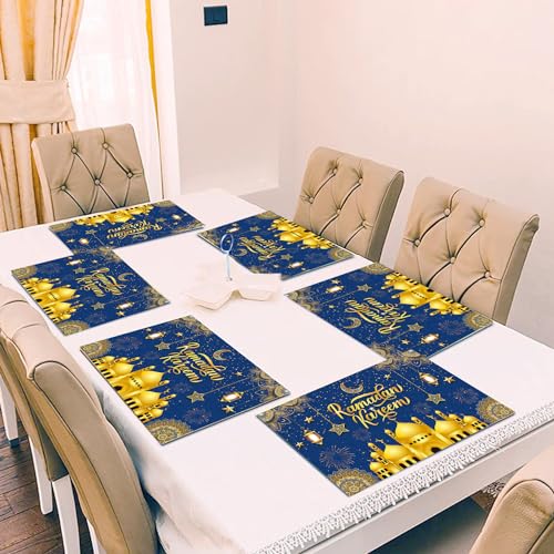 CPTBAG 1pcs Ramadan Kareem Table Runner with 4pcs Table Mats Ramadan Mubarak Table Decorations Eid Mubarak Holiday Calstel Star Moon Lantern Table Decorations for Home Dining Room Kitchen Decor - Image 5