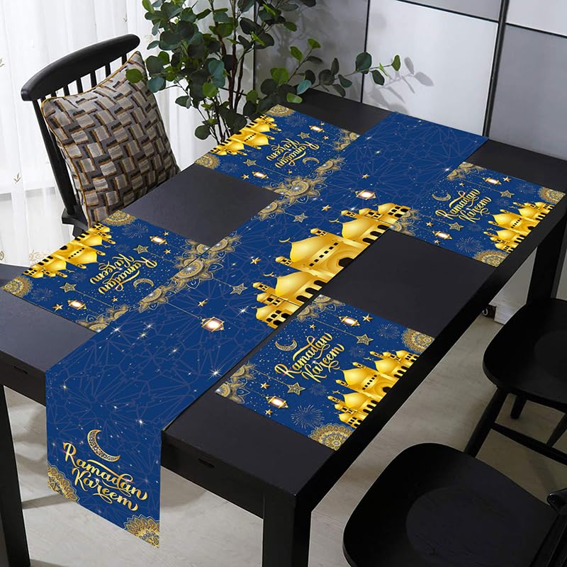 CPTBAG 1pcs Ramadan Kareem Table Runner with 4pcs Table Mats Ramadan Mubarak Table Decorations Eid Mubarak Holiday Calstel Star Moon Lantern Table Decorations for Home Dining Room Kitchen Decor - Image 1