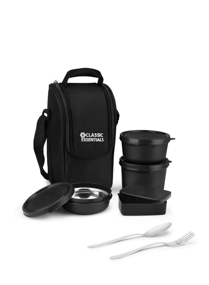 كلاسيك إيسنشالز صندوق غداء كلاسيك إسينشالز سوبريم متعدد الاستخدامات مع حقيبة معزولة | حاويات آمنة للاستخدام في الميكروويف ببطانة فولاذية | مانعة للتسرب (صندوق مخلل، أسود، 4 قطع) - Image 1