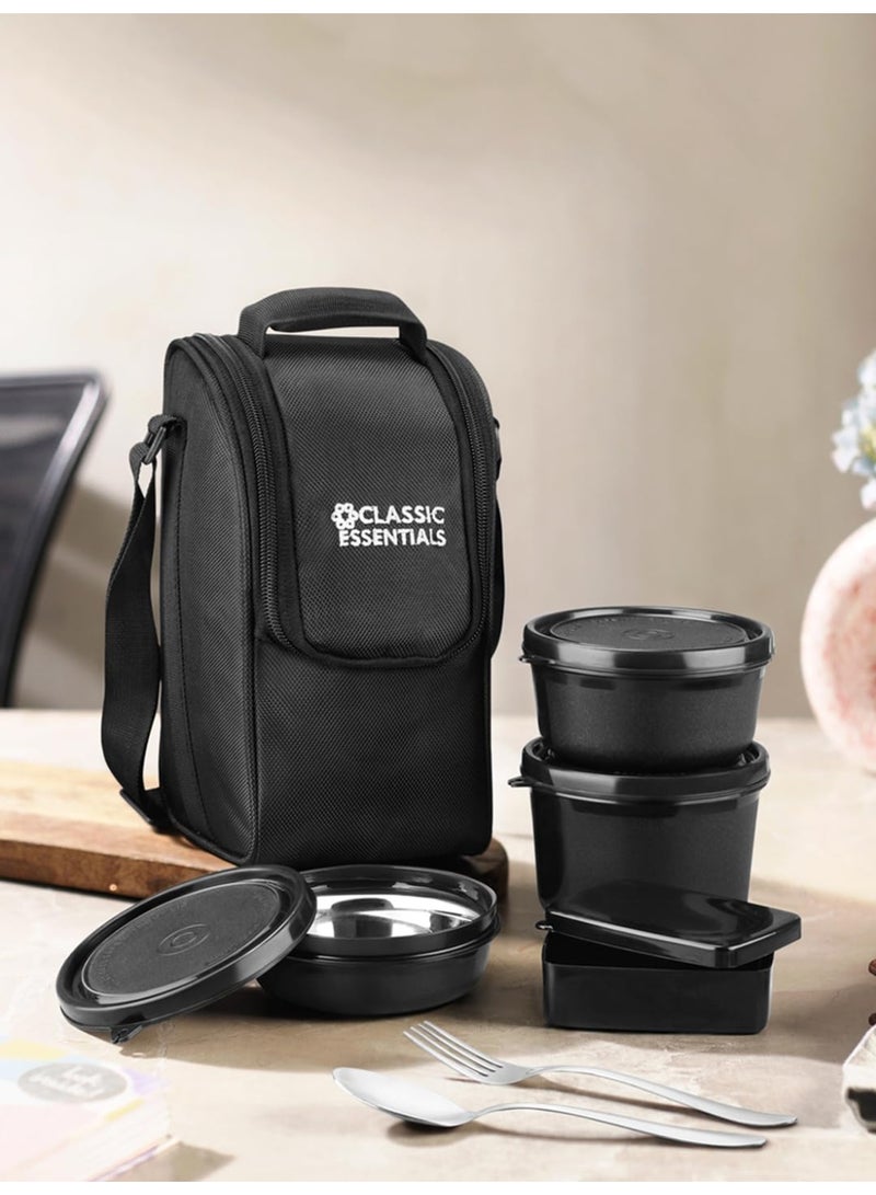 كلاسيك إيسنشالز صندوق غداء كلاسيك إسينشالز سوبريم متعدد الاستخدامات مع حقيبة معزولة | حاويات آمنة للاستخدام في الميكروويف ببطانة فولاذية | مانعة للتسرب (صندوق مخلل، أسود، 4 قطع) - Image 3