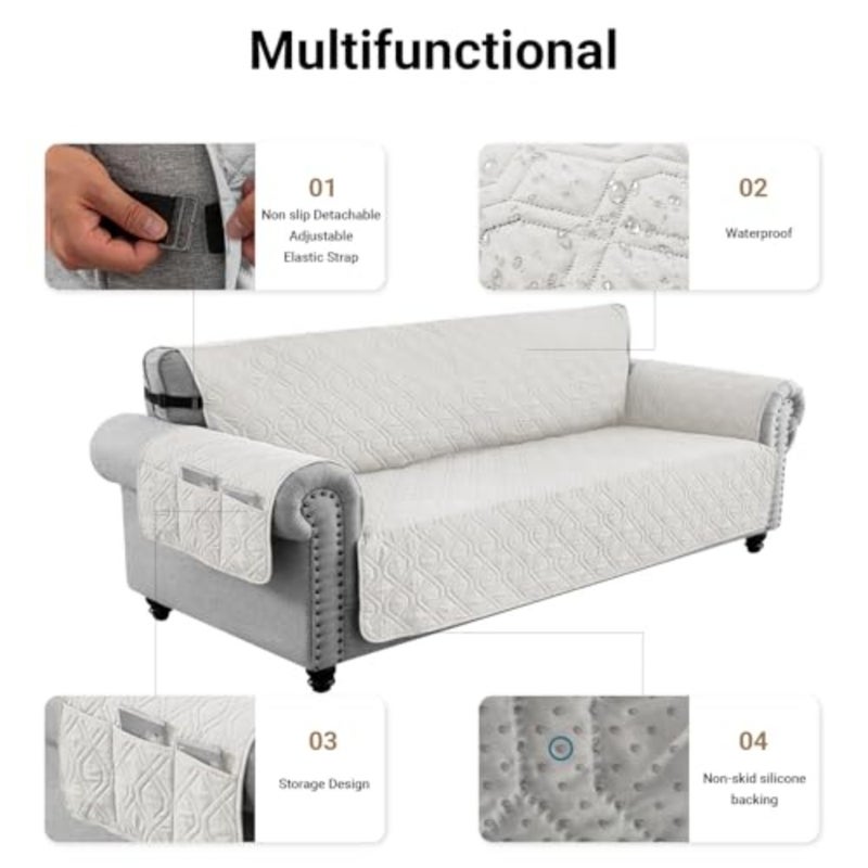 Sofa Covers Waterproof Couch Cover Non-Slip Quilted Sofa Slipcover for Dogs Furniture Protector Cover for Pets with Adjustable Strap Washable White, 245×58cm - Image 5