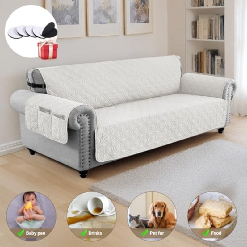 Sofa Covers Waterproof Couch Cover Non-Slip Quilted Sofa Slipcover for Dogs Furniture Protector Cover for Pets with Adjustable Strap Washable White, 245×58cm - Image 3