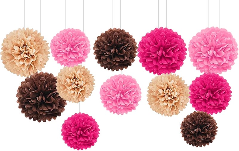 Capesaro Pink and Brown 12PCS Paper Pom Poms Party Decorations for Western Cowgirl Birthday Retro Rodeo Party, Hanging Tissue Paper Flowers for Engagement,Wedding,Baby Shower - Image 1