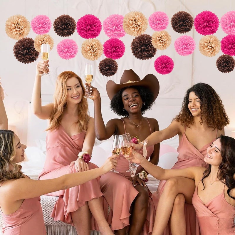 Capesaro Pink and Brown 12PCS Paper Pom Poms Party Decorations for Western Cowgirl Birthday Retro Rodeo Party, Hanging Tissue Paper Flowers for Engagement,Wedding,Baby Shower - Image 4