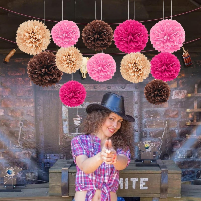 Capesaro Pink and Brown 12PCS Paper Pom Poms Party Decorations for Western Cowgirl Birthday Retro Rodeo Party, Hanging Tissue Paper Flowers for Engagement,Wedding,Baby Shower - Image 5