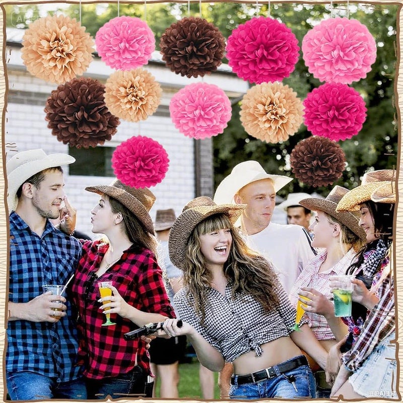 Capesaro Pink and Brown 12PCS Paper Pom Poms Party Decorations for Western Cowgirl Birthday Retro Rodeo Party, Hanging Tissue Paper Flowers for Engagement,Wedding,Baby Shower - Image 2
