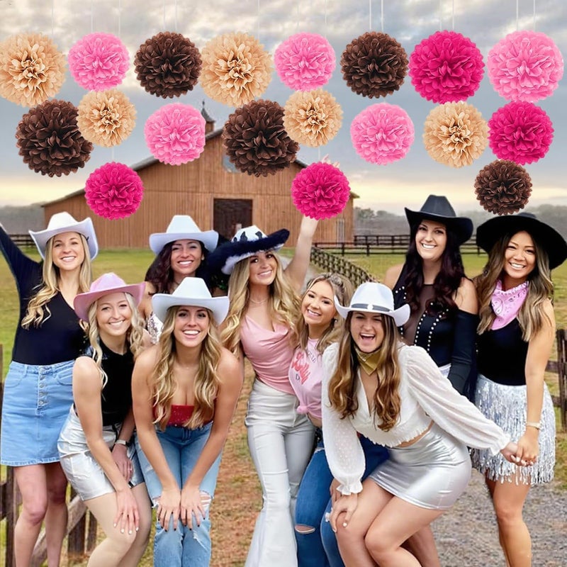 Capesaro Pink and Brown 12PCS Paper Pom Poms Party Decorations for Western Cowgirl Birthday Retro Rodeo Party, Hanging Tissue Paper Flowers for Engagement,Wedding,Baby Shower - Image 3