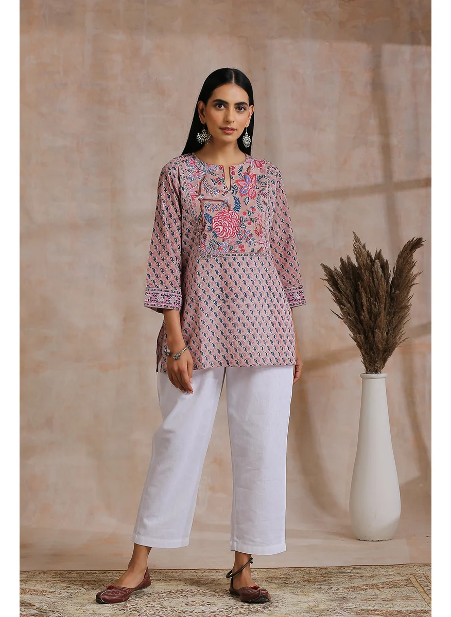 ZERESOUQ Brown & Pink Hand Block Printed Tunic Top