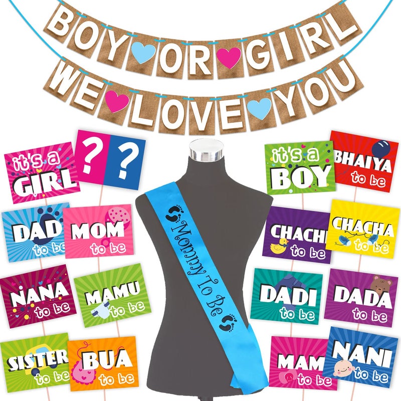 WOBBOX مجموعة حفلة استحمام الأطفال WOBBOX من 16 قطعة مع لافتة جوت ستايل ولد أو بنت نحبك، مع شريط أزرق للأم المستقبلية، عنصر ديكور حفلة استحمام (عبوة من 3) - Image 1